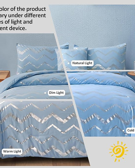 Blue/Silver Comforter Set Twin, Metallic Print Glitter Bedding Set Cute Shinny Bed Sets for Teen Girls Kids Women, 3 Piece (1 Pillowcase, 1 Decorative Pillow Sham) - LeafyLoom