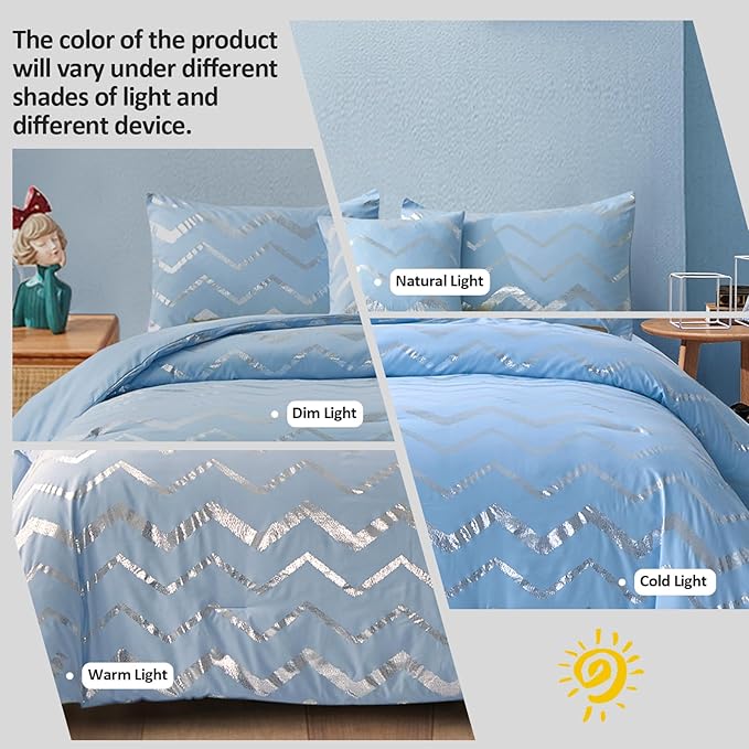 King Comforter Set Blue/Silver Metallic Print Glitter Bedding Set Cute Shinny Bed Sets for Teen Girls Kids Women, 4 Piece (2 Pillowcases, 1 Decorative Pillow Sham) - LeafyLoom