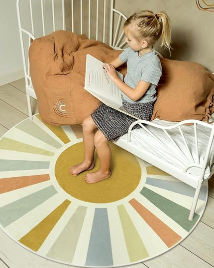 Boho Round Rug 4 Ft Washable Area Rug for Kids Room, Colorful Sun Circle Rug for Playroom, Non-Slip Circular Office Carpet Soft Rainbow Rug for Bedroom Reading Corner Dorm - LeafyLoom