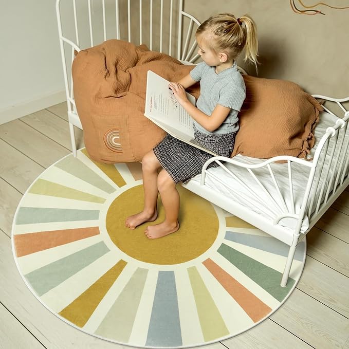 Boho Round Rug 4 Ft Washable Area Rug for Kids Room, Colorful Sun Circle Rug for Playroom, Non-Slip Circular Office Carpet Soft Rainbow Rug for Bedroom Reading Corner Dorm - LeafyLoom