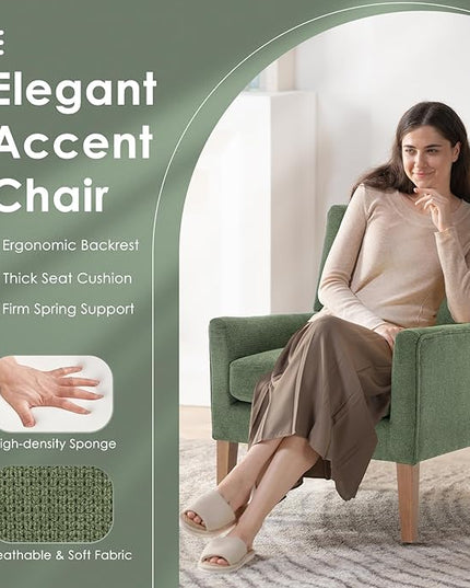 COLAMY Modern Wingback Living Room Chair, Upholstered Fabric Accent Armchair, Single Sofa chair with Lounge Seat and Wood Legs for Bedroom/Office/Reading Spaces, Green - LeafyLoom
