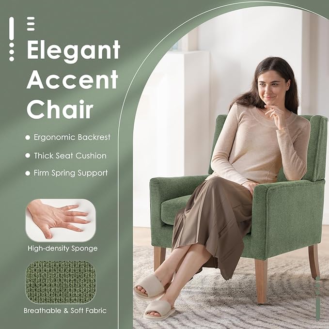 COLAMY Modern Wingback Living Room Chair, Upholstered Fabric Accent Armchair, Single Sofa chair with Lounge Seat and Wood Legs for Bedroom/Office/Reading Spaces, Green - LeafyLoom