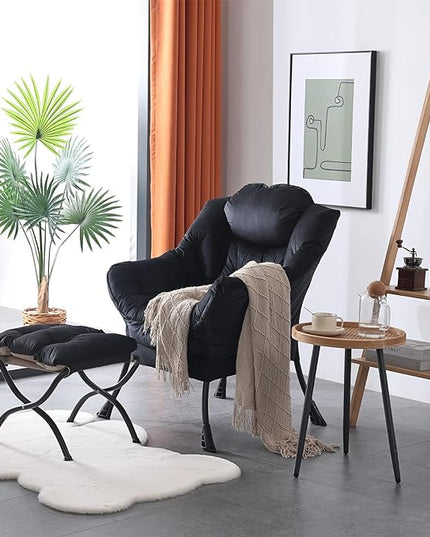 Welnow Lazy Chair with Ottoman, Modern Lounge Accent Chair with Armrests and a Side Pocket, Leisure Upholstered Sofa Chair Set, Reading Chair with Footrest for Small Space, Corner Chair, Black - LeafyLoom
