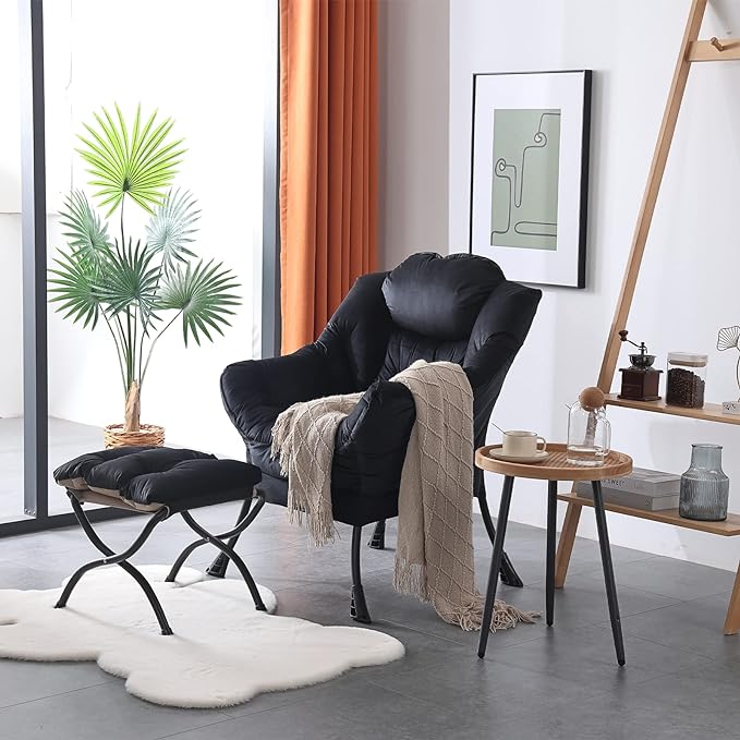 Welnow Lazy Chair with Ottoman, Modern Lounge Accent Chair with Armrests and a Side Pocket, Leisure Upholstered Sofa Chair Set, Reading Chair with Footrest for Small Space, Corner Chair, Black - LeafyLoom