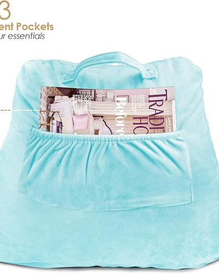 Clara Clark Reading Pillow, Standard Back Pillow for Sitting Up in Bed, Memory Foam Back Support Pillow, Reading Pillows for Sitting in Bed, Light Blue Sit Up Pillow for Bed, Arm Pillow with Pockets - LeafyLoom