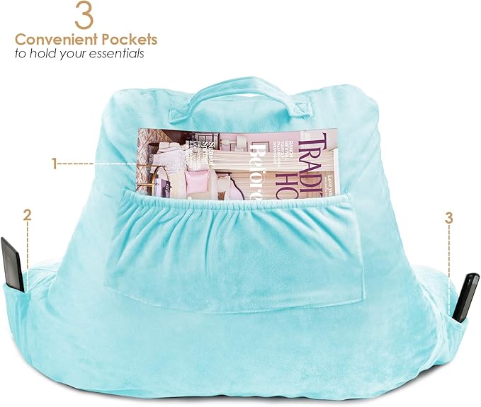 Clara Clark Reading Pillow, Standard Back Pillow for Sitting Up in Bed, Memory Foam Back Support Pillow, Reading Pillows for Sitting in Bed, Light Blue Sit Up Pillow for Bed, Arm Pillow with Pockets - LeafyLoom