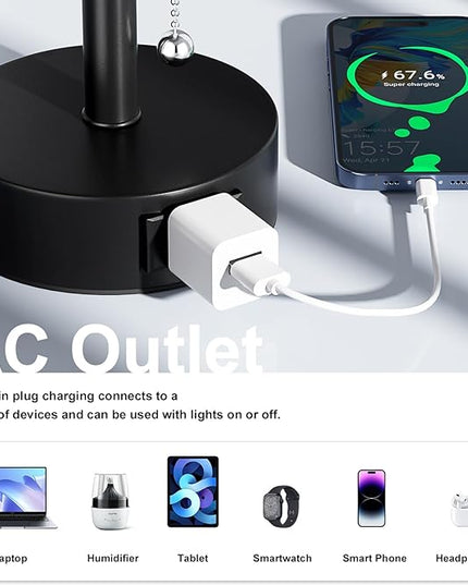 Black Bedside Table Lamps Set of 2-3 Color Temperatures Pull Chain Lamp with AC Outlet Charging Port, Two Round Night Stand Lamps for Bedroom Office, Small Bed Side Light with E26 LED Bulbs - LeafyLoom