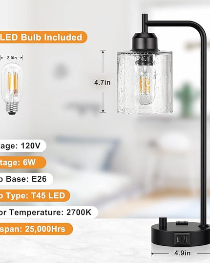 Industrial Bedside Table Lamp for Bedroom - Nightstand Lamps with USB C Charging Port, Fully Dimmable Black Ports and Outlets, Small Desk Glass Shade Office Living Room - LeafyLoom