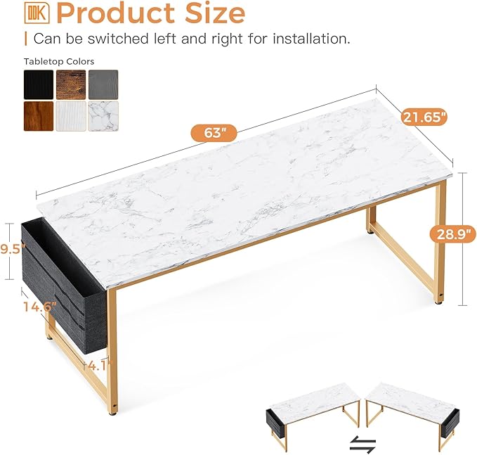 ODK Computer Desk Large Office Desk, 63 Inch Writing Desk with Storage, Modern PC Desk Work Table with Headphone Hook for Home Office, White Marble + Gold Leg - LeafyLoom
