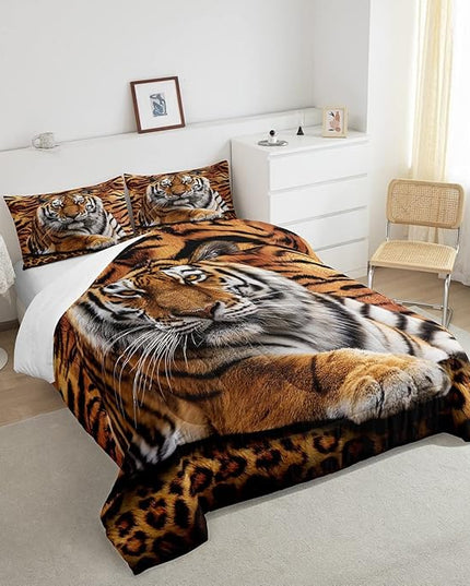 Tiger 3D Print Comforter Set Full Size Wild Animals Bedding Set 3pcs for Kids Teens Room Decor,Animal Fur Quilt Set Soft Breathable Duvet Insert with 2 Pillowcases - LeafyLoom