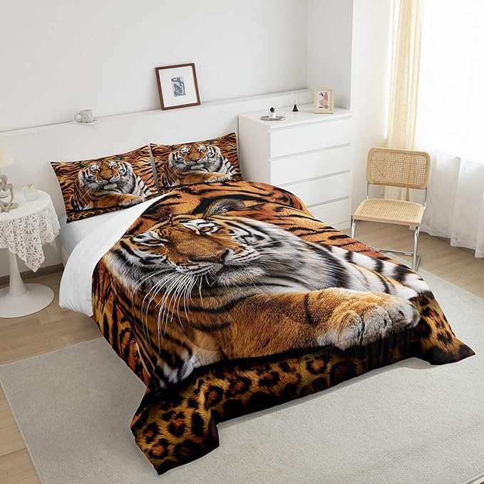 Tiger 3D Print Comforter Set Full Size Wild Animals Bedding Set 3pcs for Kids Teens Room Decor,Animal Fur Quilt Set Soft Breathable Duvet Insert with 2 Pillowcases - LeafyLoom