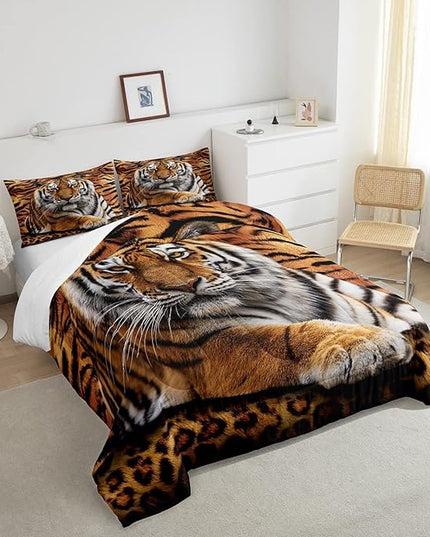 Tiger 3D Print Comforter Set Twin Size Wild Animals Bedding Set 2pcs for Kids Teens Room Decor,Animal Fur Quilt Set Soft Breathable Duvet Insert with 1 Pillowcase - LeafyLoom