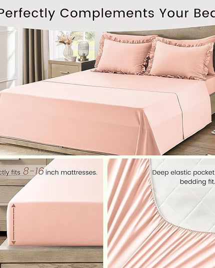 Queen Bed in a Bag 7 Pieces Comforter Set Queen, Ruffle Shabby Chic Bedding Comforter Set Pink Bed Set with Comforter, Pillowcases, Flat Sheet, Fitted Sheet and Pillow Shams - LeafyLoom