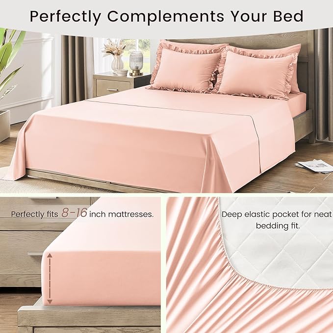 Queen Bed in a Bag 7 Pieces Comforter Set Queen, Ruffle Shabby Chic Bedding Comforter Set Pink Bed Set with Comforter, Pillowcases, Flat Sheet, Fitted Sheet and Pillow Shams - LeafyLoom