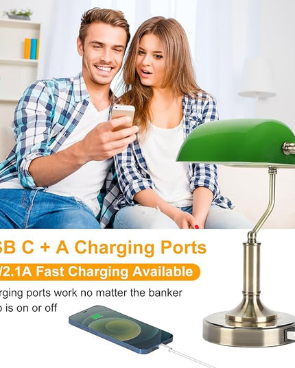 Bankers Lamp, Green Desk Lamp with Touch Control Switch, Retro Lamp with USB and Type C Charging Ports, Vintage Lamp for Home Office, Piano, Library, LED Bulb Included (Vintage) - LeafyLoom