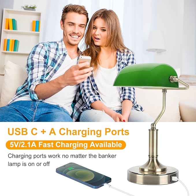 Bankers Lamp, Green Desk Lamp with Touch Control Switch, Retro Lamp with USB and Type C Charging Ports, Vintage Lamp for Home Office, Piano, Library, LED Bulb Included (Vintage) - LeafyLoom