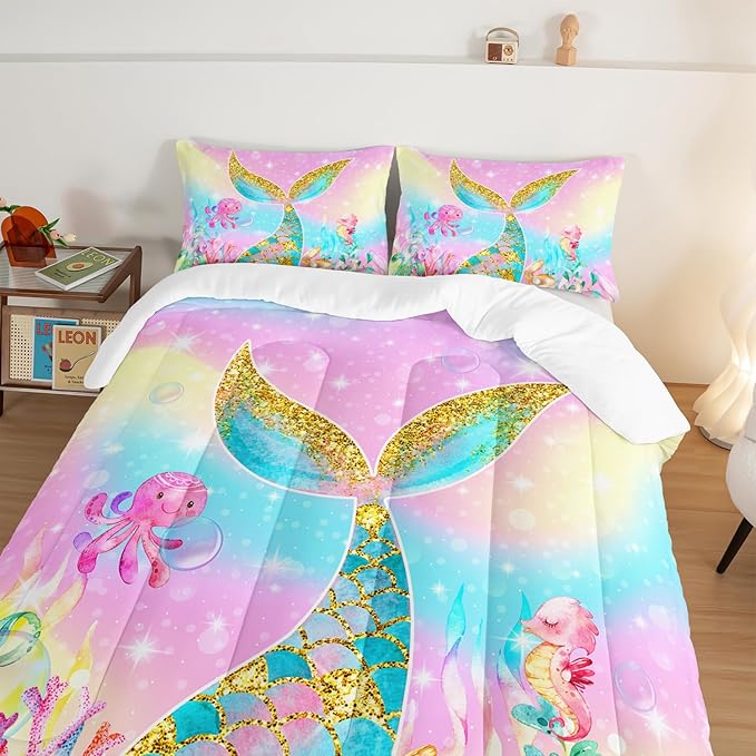 HOSIMA Mermaid Comforter with 2 Pillowcases,Girly Rainbow Bedding Set Mermaid Tail Comforter,Glitter Gold Fish Scales Full Size Bed in a Bag Set,Cute Sea Animal Octopus Seahorse Comforter. - LeafyLoom