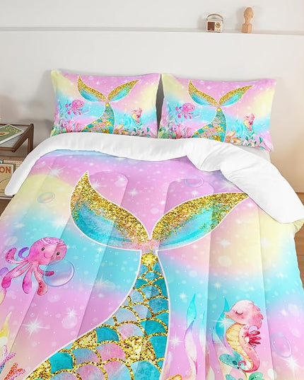 HOSIMA Mermaid Comforter with 2 Pillowcases,Girly Rainbow Bedding Set Mermaid Tail Comforter,Glitter Gold Fish Scales Twin Bed in a Bag,Cute Sea Animal Octopus Seahorse Comforter for Kids Teens. - LeafyLoom