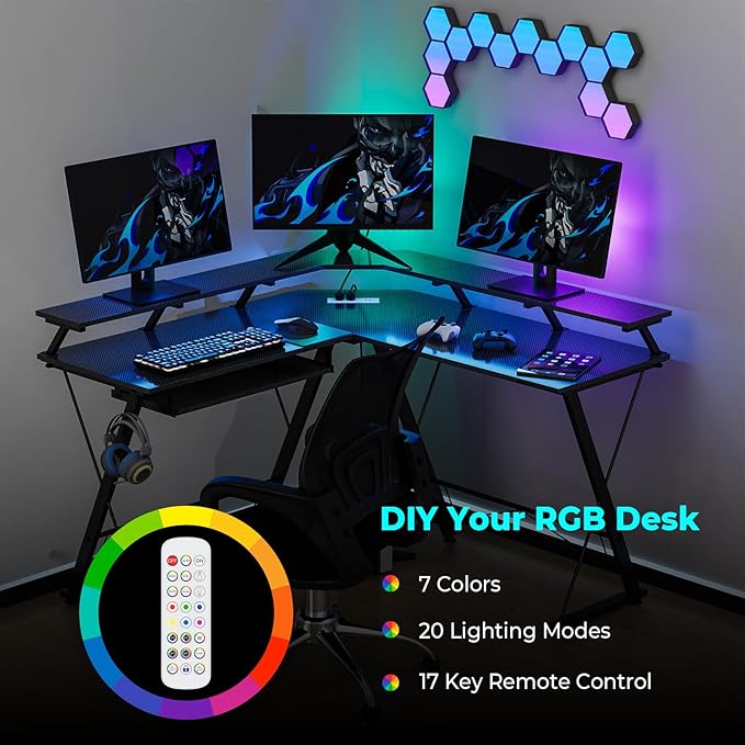 L Shaped Gaming Desk with LED Lights and Power Outlet, Computer Desk with Monitor Stand, Untimate Corner Desk with Hooks and Keyboard Tray, Carbon Fiber, Black - LeafyLoom