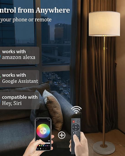 Gold Floor Lamp for Living Room with Remote Control, Marble Base 1200 Lumens 15W Adjustable Height Modern Floor Lamp Standing Lamp for Bedroom, Smart Control Alexa & Google Assistance Compatible - LeafyLoom