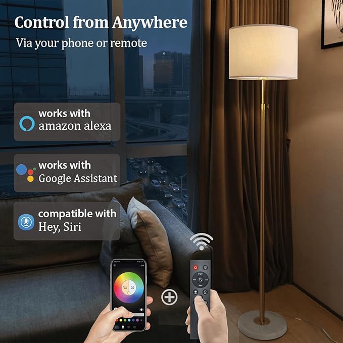 Gold Floor Lamp for Living Room with Remote Control, Marble Base 1200 Lumens 15W Adjustable Height Modern Floor Lamp Standing Lamp for Bedroom, Smart Control Alexa & Google Assistance Compatible - LeafyLoom