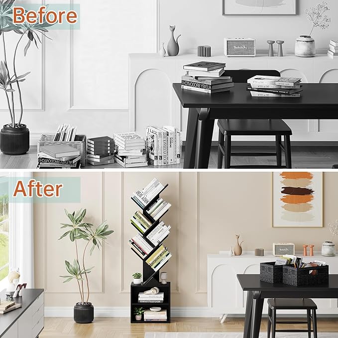 Vagusicc 6 Tier Tree Bookshelf, Modern Floor Standing Bookcase with Storage Drawer, Space Saving Storage Organizer Book Shelves for Books, Tall Wood Storage Rack for Bedroom/Living Room/Home Office - LeafyLoom