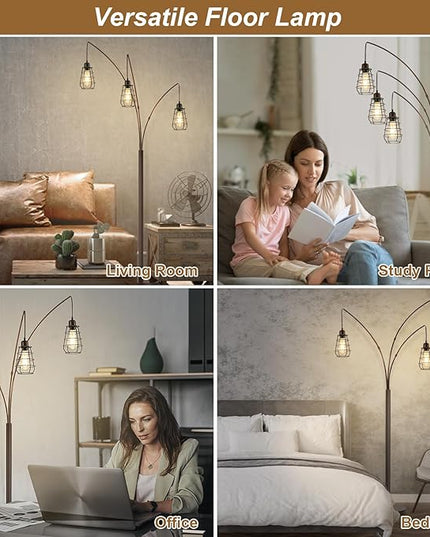Industrial Floor Lamp, 3 Light Arc Floor Lamps for Living Room, 76 Inch Tall Standing Lamp with Metal Cage Shades & Foot Switch, Vintage Floor Lamp for Bedroom, Office, Corner, Bronze - LeafyLoom