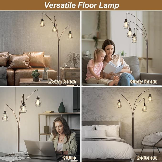 Industrial Floor Lamp, 3 Light Arc Floor Lamps for Living Room, 76 Inch Tall Standing Lamp with Metal Cage Shades & Foot Switch, Vintage Floor Lamp for Bedroom, Office, Corner, Bronze - LeafyLoom