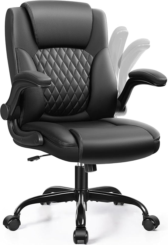 Leather Office Chair, PU Home Computer Desk Chairs with Ergonomic Back Support, 360°Swivel Free，Small Gmaing Chair with Wheels and Adjustable Armrests, for Short People Use, Black - LeafyLoom