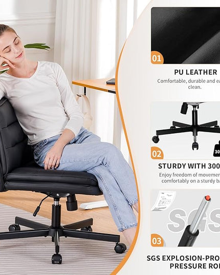 COMHOMA Criss Cross Chair with Wheels, Armless Wide Cross Legged Office Chair Mid Back, Modern Home Office Desk Chair Swivel Adjustable Vanity Computer Chair, Black - LeafyLoom