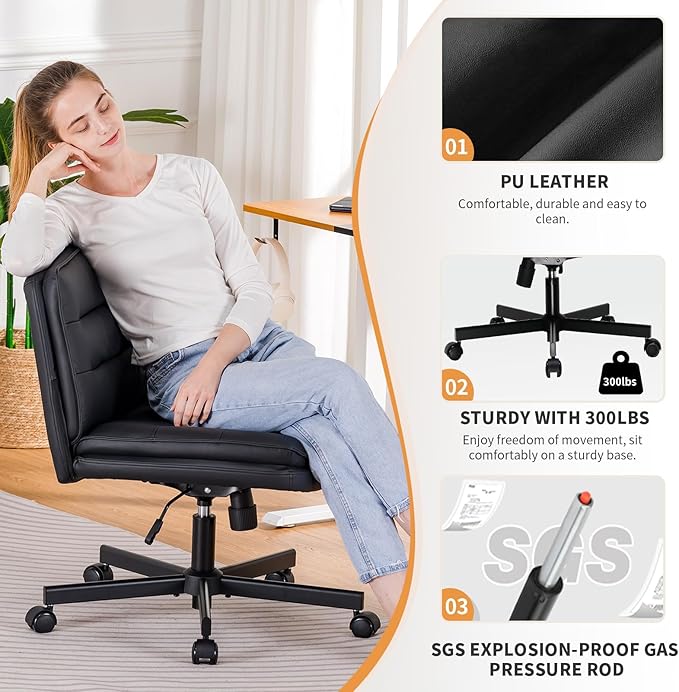 COMHOMA Criss Cross Chair with Wheels, Armless Wide Cross Legged Office Chair Mid Back, Modern Home Office Desk Chair Swivel Adjustable Vanity Computer Chair, Black - LeafyLoom