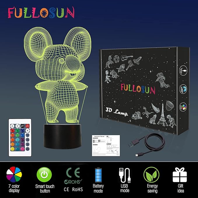 FULLOSUN 3D Koala Night Light Animal Illusion LED Lamp for Kids' Room Decoration with Remote Control 16 Color Changing Unique Xmas Halloween Birthday Gift for Child Baby Boy and Girl - LeafyLoom