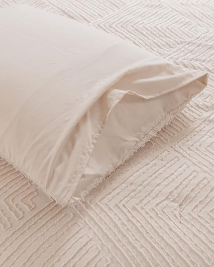 Beige King Size Comforter Set, Boho Tufted Design Bedding Comforter Sets 3 Pieces, Lightweight and Fluffy for All Seasons (1 Comforter, 2 Pillowcases) - LeafyLoom