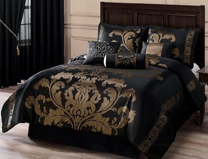 Chezmoi Collection 7-Piece Royale Jacquard Floral Comforter Set, Full/Double, Black/Gold - LeafyLoom