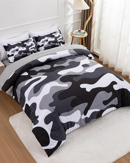 Meeting Story Camouflage Bedding Set, Colorful Pattern Style Comforter Set, 5 PCS One Comforter Two Pillowcases Two Sheets in One Bag, All Season Bedspread for Teens Adults (Grey,Queen5pcs - LeafyLoom