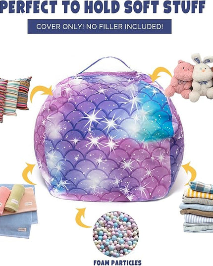 Stuffed Animal Storage Bean Bag Chair Cover, Hold Kids Plush Toys Blankets Towels Beanbag (Cover Only), Floor Circle Stuff Sit Seat Sofa with YKK Zipper, Extra Large 38", Classic Mermaid - LeafyLoom
