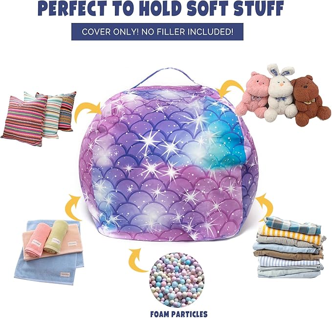 Stuffed Animal Storage Bean Bag Chair Cover, Hold Kids Plush Toys Blankets Towels Beanbag (Cover Only), Floor Circle Stuff Sit Seat Sofa with YKK Zipper, Extra Large 38", Classic Mermaid - LeafyLoom