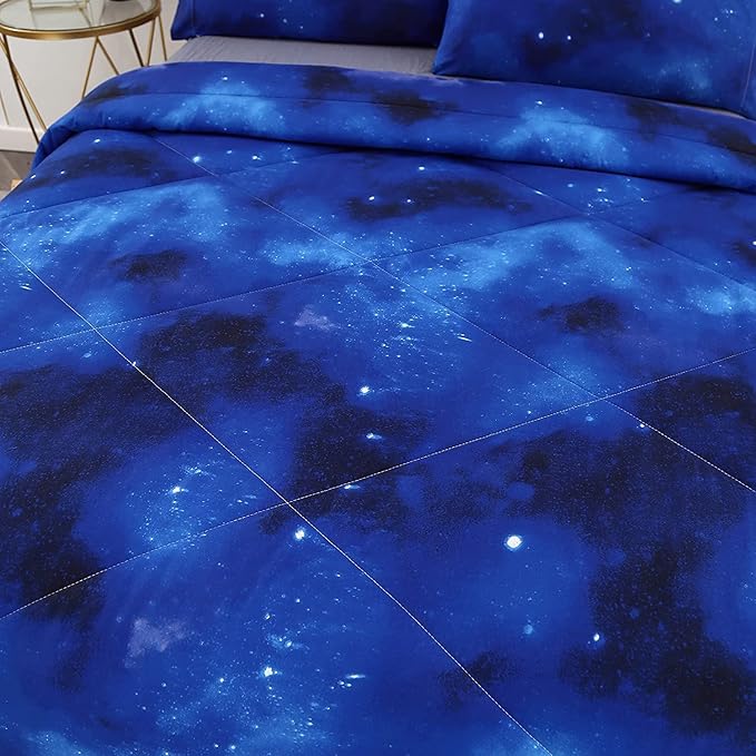 3PCS Blue Galaxy Comforter Set Queen Size, Bed in a Bag Summer Quilt Queen Size, Lightweight and Fade Resistant, Cute Bed Set for Boys Girls Toddler Kids and Teens, Queen - LeafyLoom