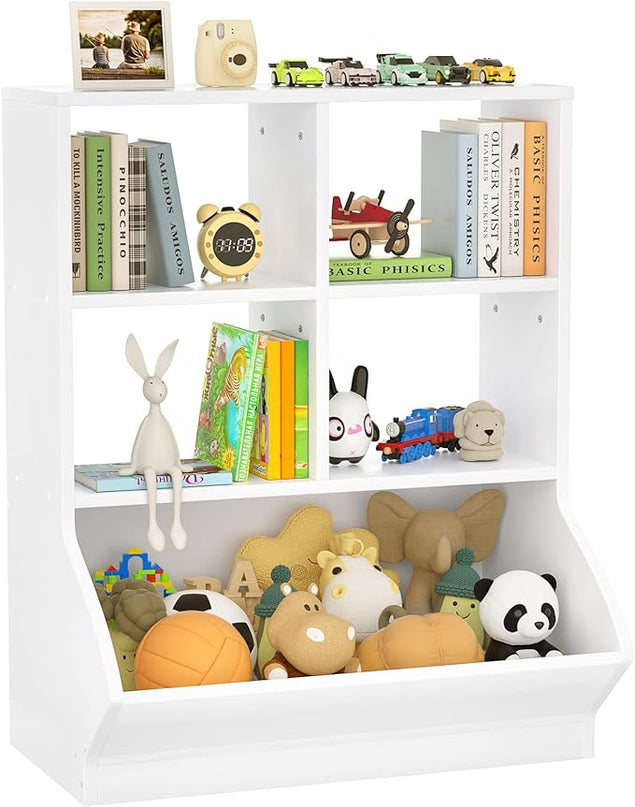Aheaplus Toy Storage Organizer with Bookcase, 5 Cubby Bookshelf Toy Storage Cabinet, Open Multi-Bins Toys&Books Storage Display Organizer for Playroom, Bedroom, Nursery, School, White - LeafyLoom