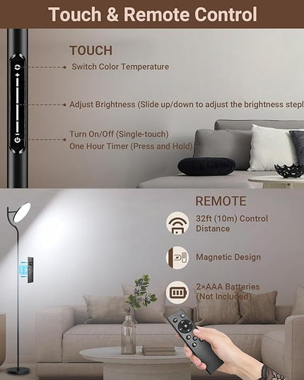 FIMEI LED Modern Floor Lamp, Super Bright Dimmable Tall Standing Lamp with 10'' Lamp Panel, 4 Color Temperature Rotatable Reading Floor Lamps, Remote&Touch Control, for Living Room Bedroom Office - LeafyLoom