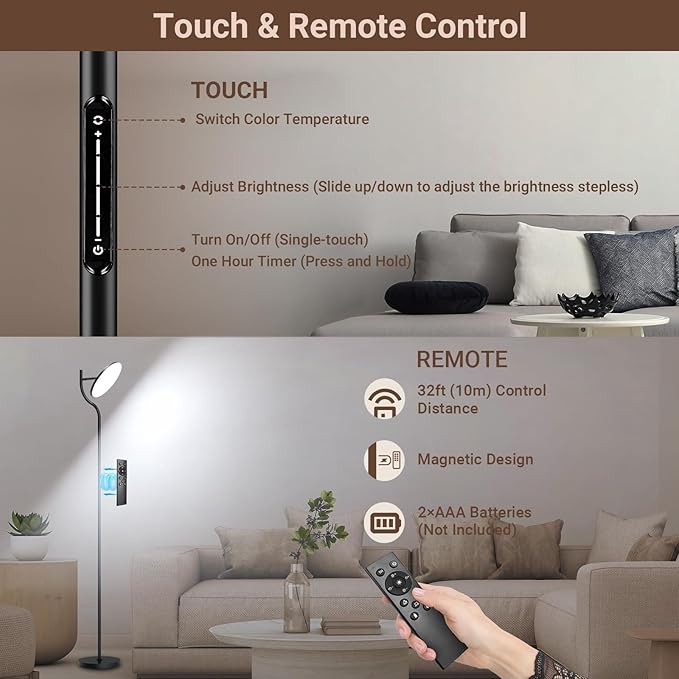 FIMEI LED Modern Floor Lamp, Super Bright Dimmable Tall Standing Lamp with 10'' Lamp Panel, 4 Color Temperature Rotatable Reading Floor Lamps, Remote&Touch Control, for Living Room Bedroom Office - LeafyLoom