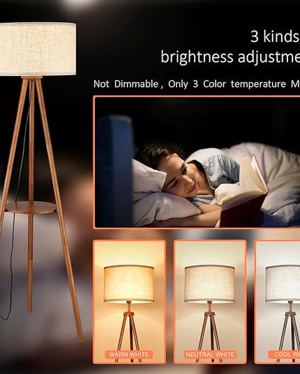 Wood Tripod Floor Lamp with Shelves,Linen Shade Boho Wooden Floor lamp for Living Room, with Three Color temparature Bulb Included,footswitch,ETL Listed/Brown Wood Color - LeafyLoom
