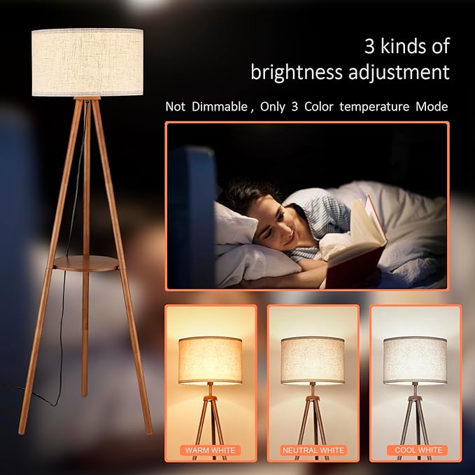 Wood Tripod Floor Lamp with Shelves,Linen Shade Boho Wooden Floor lamp for Living Room, with Three Color temparature Bulb Included,footswitch,ETL Listed/Brown Wood Color - LeafyLoom