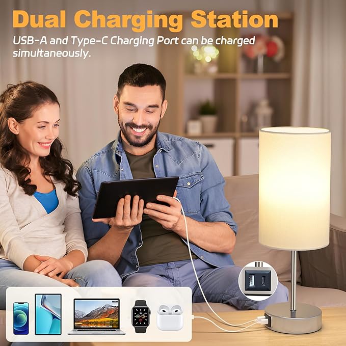 AKASUKI Table Lamp for Bedroom, 3 Way Dimmable Touch Lamp with Dual Charging Station, Small Bedside Lamps for Night Stands, Living Room, Office(LED Bulb Included) - LeafyLoom
