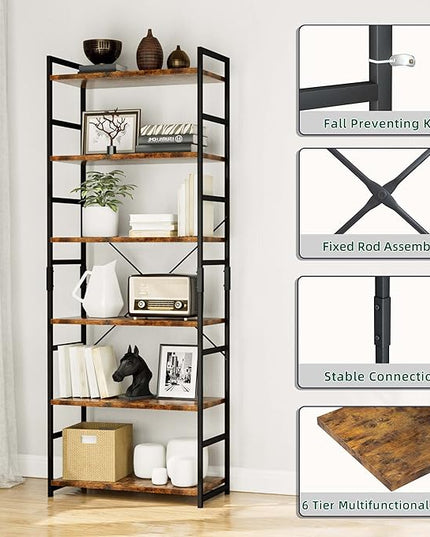OTK 6 Tier Adjustable Bookshelf, Tall Bookcase, Office Shelf Storage Organizer, Modern Book Shelf for Living Room, Bedroom, and Home Office, Vintage - LeafyLoom