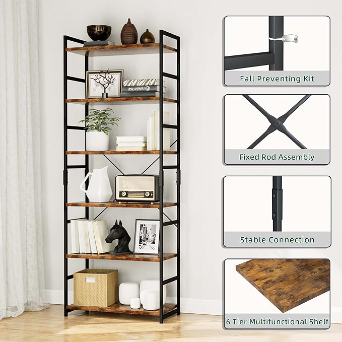 OTK 6 Tier Adjustable Bookshelf, Tall Bookcase, Office Shelf Storage Organizer, Modern Book Shelf for Living Room, Bedroom, and Home Office, Vintage - LeafyLoom