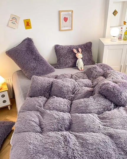 Faux Fur Kid Girls Purple Comforter Sets Queen - 3PC Bed Set Warm Comfortable Soft Plush Flannel Velvet Fluffy Fuzzy Bedding（Comforter x 1 Pillowcases x 2） - LeafyLoom