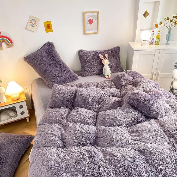 Faux Fur Kid Girls Purple Comforter Sets Queen - 3PC Bed Set Warm Comfortable Soft Plush Flannel Velvet Fluffy Fuzzy Bedding（Comforter x 1 Pillowcases x 2） - LeafyLoom