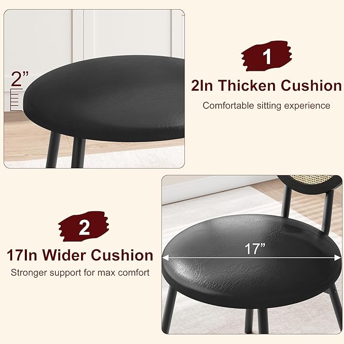 IDEALHOUSE Dining Chairs Set of 2, Rattan Kitchen Chairs with Thicken Upholstered, Modern Dining Room Chairs Set of 2, Space Saving Dining Chairs with Metal Legs for Living Room (1, Black) - LeafyLoom