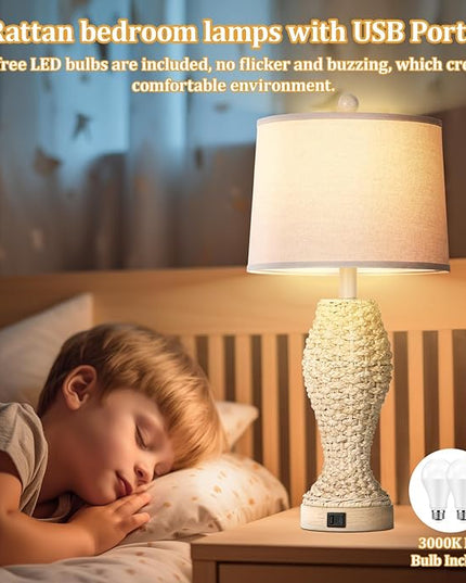TOBUSA Rattan Table lamps for Bedroom Set of 2, 26.5inch Woven Bedside Lamps with USB C+A, Farmhouse Table Lamps for Nightstand, Coastal Seagrass Lamps for Living Room, End Table (E26 Bulbs Included) - LeafyLoom